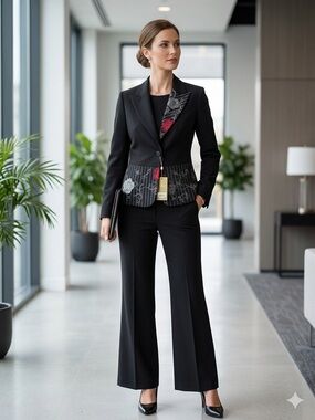 Black Blazer/Wide-Leg Pants Set with Floral Accent Wool Blend Lined Pants Suit